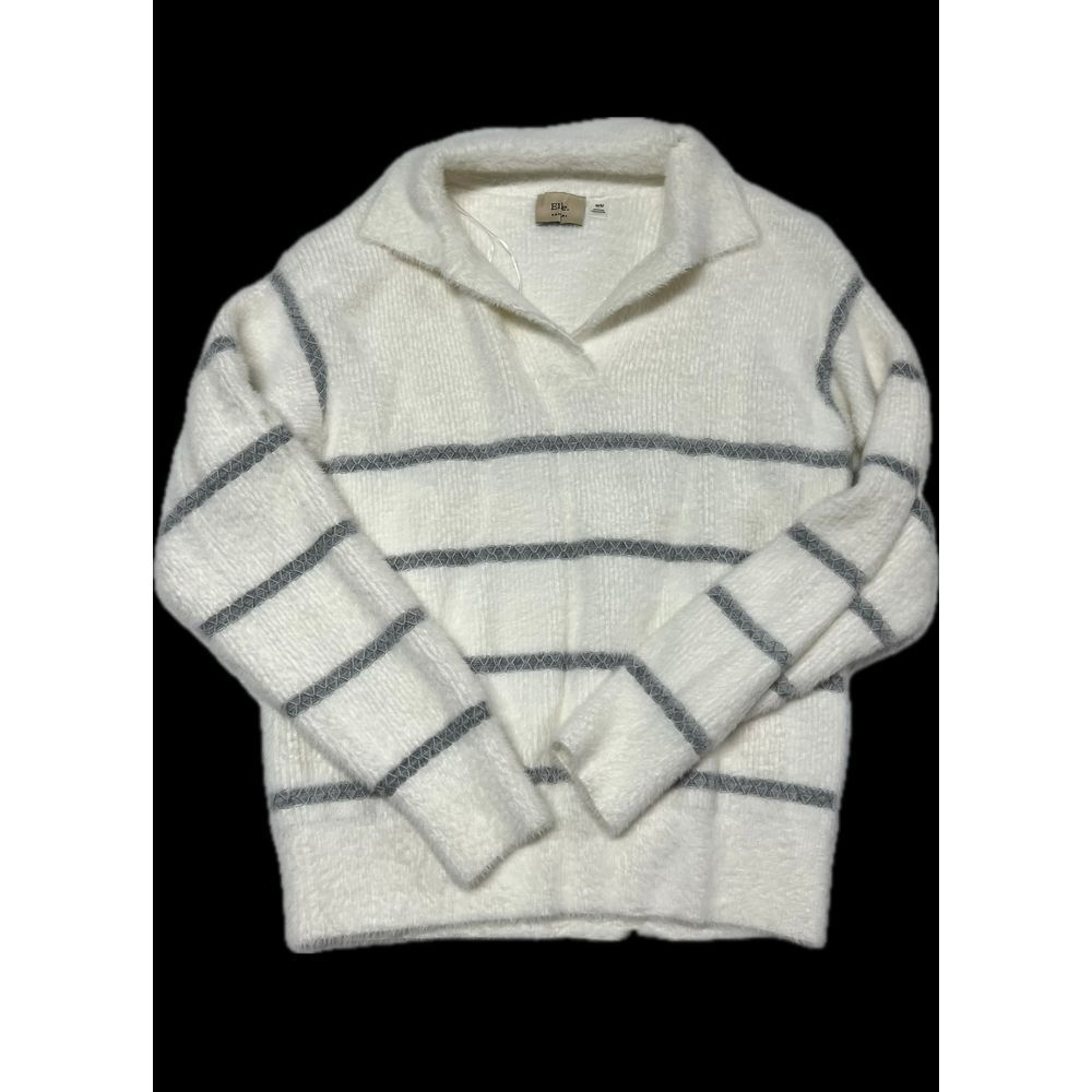 Elie Tahari‎ Fuzzy Pullover Sweater Striped Collared Cozy Comfy White M